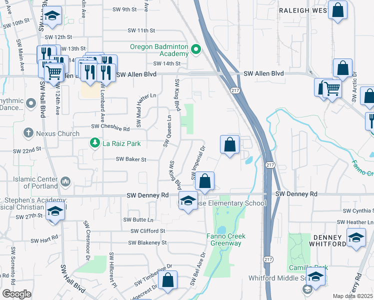 map of restaurants, bars, coffee shops, grocery stores, and more near 6655 Southwest Princess Avenue in Beaverton