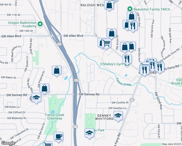 map of restaurants, bars, coffee shops, grocery stores, and more near 10405 Southwest Denney Road in Beaverton
