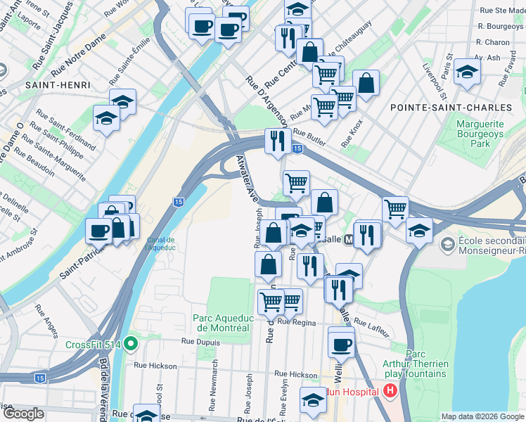 map of restaurants, bars, coffee shops, grocery stores, and more near 3140 Rue Joseph in Montréal