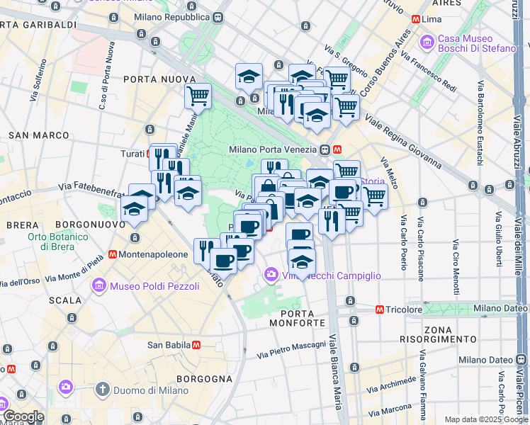 map of restaurants, bars, coffee shops, grocery stores, and more near 24 Via Palestro in Milano