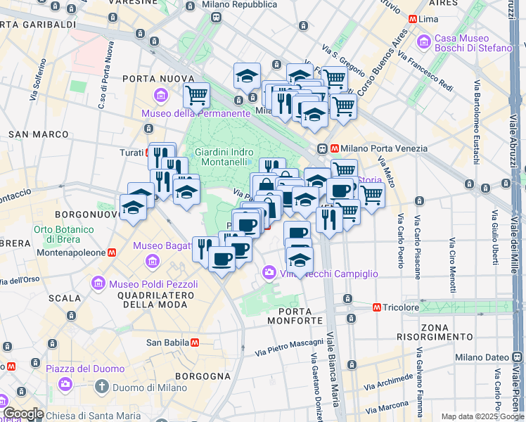 map of restaurants, bars, coffee shops, grocery stores, and more near 24 Via Palestro in Milano