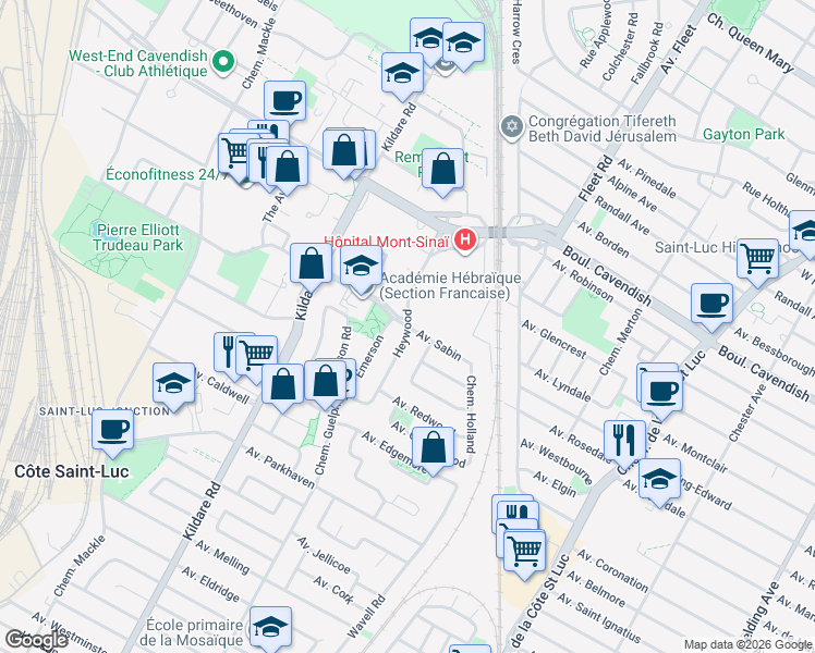 map of restaurants, bars, coffee shops, grocery stores, and more near Chemin Heywood in Côte Saint-Luc