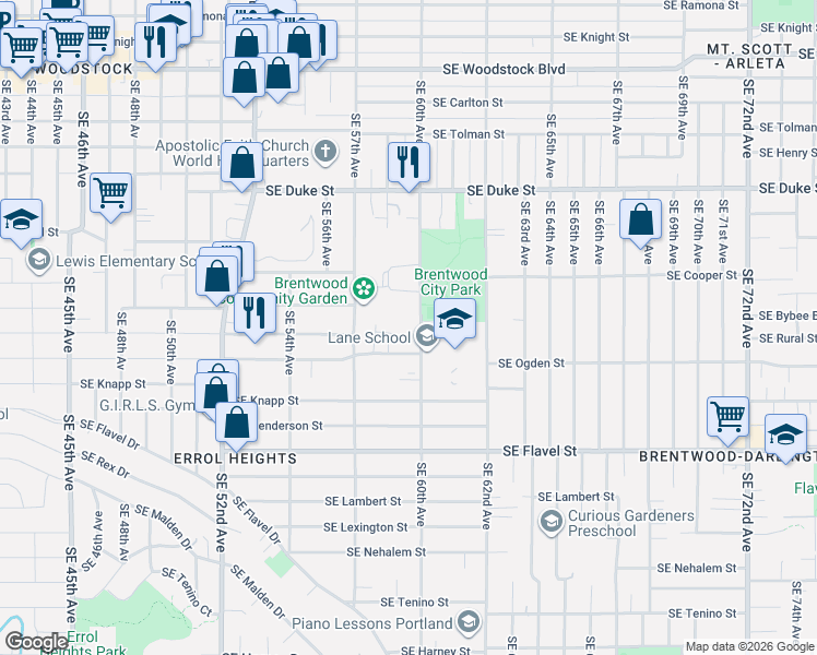 map of restaurants, bars, coffee shops, grocery stores, and more near 7055 Southeast 60th Avenue in Portland