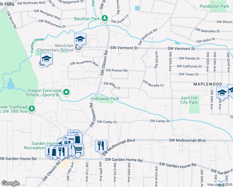 map of restaurants, bars, coffee shops, grocery stores, and more near 6653 Southwest Hickman Lane in Portland