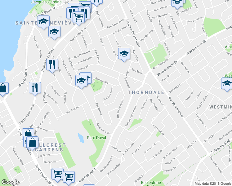 map of restaurants, bars, coffee shops, grocery stores, and more near 4193 Rue Pinewood in Montréal