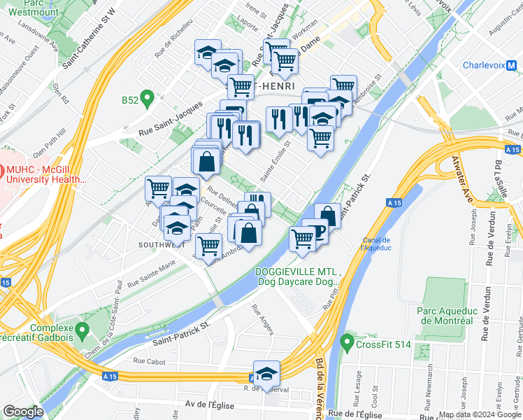 map of restaurants, bars, coffee shops, grocery stores, and more near 70 Rue Square-Sir-George-Étienne-Cartier in Montréal