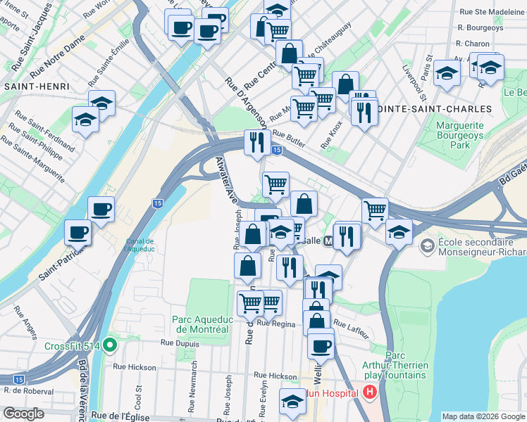 map of restaurants, bars, coffee shops, grocery stores, and more near 540 Boulevard Henri-Duhamel in Montreal