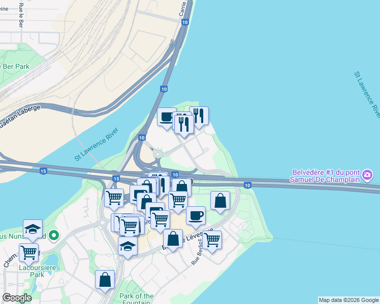 map of restaurants, bars, coffee shops, grocery stores, and more near 201 Rue Jacques-le Ber in Montréal