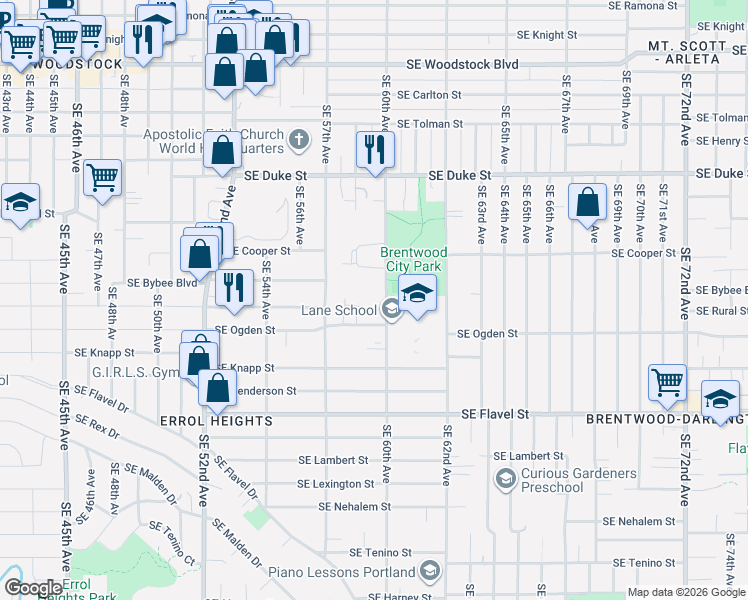 map of restaurants, bars, coffee shops, grocery stores, and more near 7051 Southeast 60th Avenue in Portland