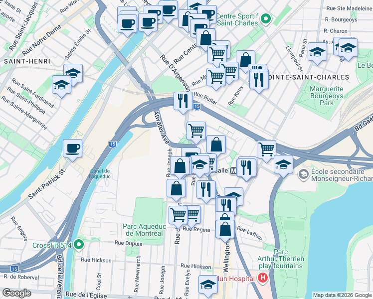 map of restaurants, bars, coffee shops, grocery stores, and more near 540 Boulevard Henri-Duhamel in Montreal