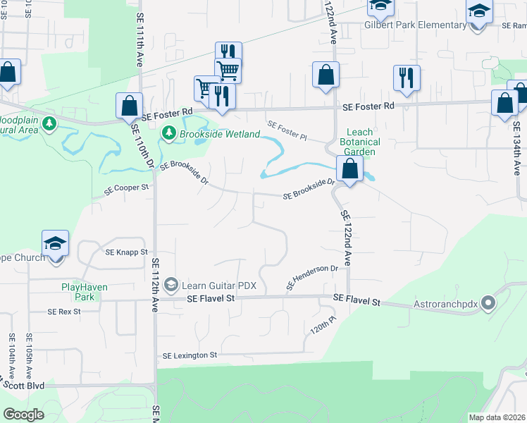 map of restaurants, bars, coffee shops, grocery stores, and more near 11822 Southeast Brookside Drive in Portland