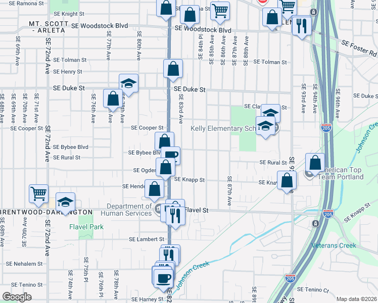 map of restaurants, bars, coffee shops, grocery stores, and more near 6918 Southeast 84th Avenue in Portland