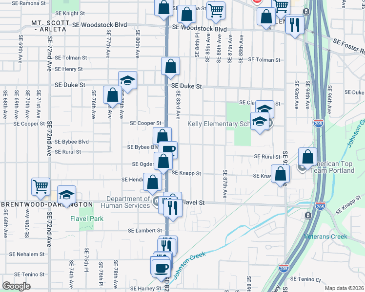 map of restaurants, bars, coffee shops, grocery stores, and more near 6918 Southeast 84th Avenue in Portland