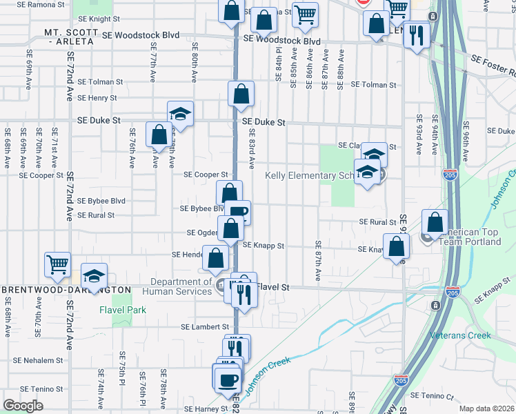 map of restaurants, bars, coffee shops, grocery stores, and more near 6918 Southeast 84th Avenue in Portland