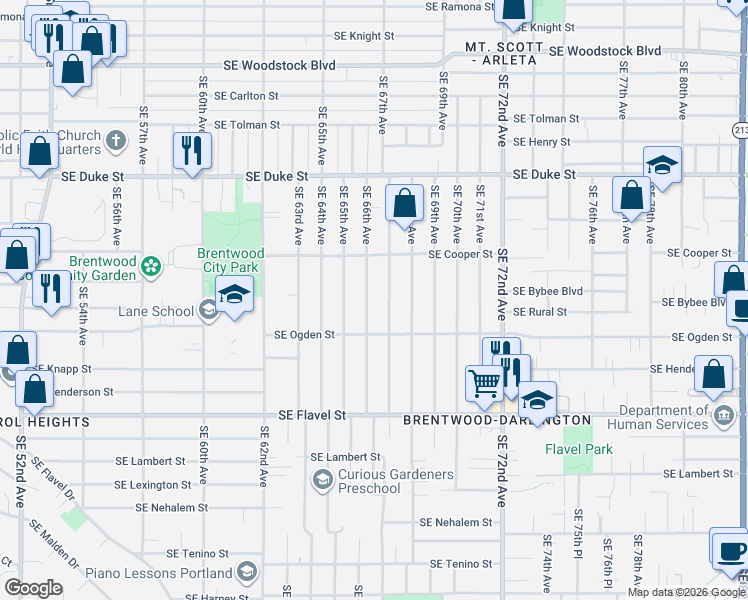 map of restaurants, bars, coffee shops, grocery stores, and more near 6924 Southeast 66th Avenue in Portland