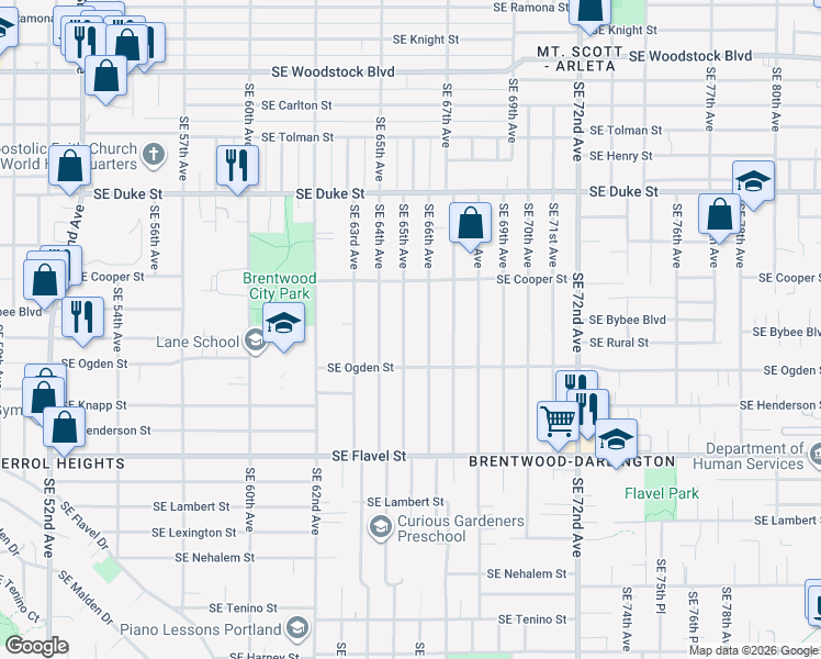 map of restaurants, bars, coffee shops, grocery stores, and more near 6919 Southeast 65th Avenue in Portland