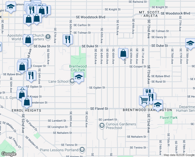 map of restaurants, bars, coffee shops, grocery stores, and more near 6916 Southeast 63rd Avenue in Portland