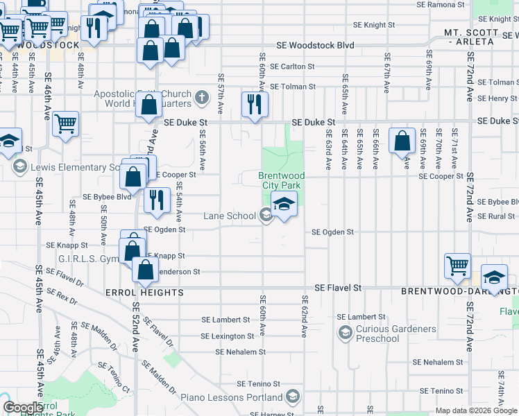map of restaurants, bars, coffee shops, grocery stores, and more near 7033 Southeast 60th Avenue in Portland