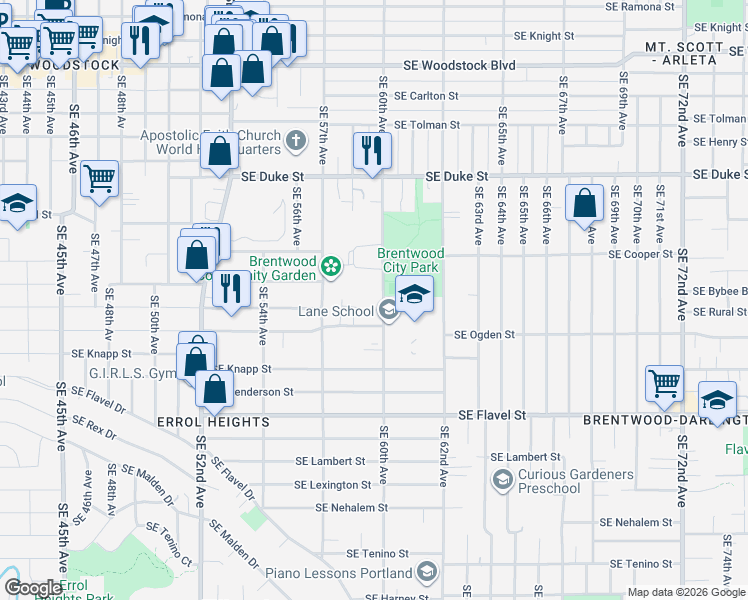 map of restaurants, bars, coffee shops, grocery stores, and more near 7033 Southeast 60th Avenue in Portland