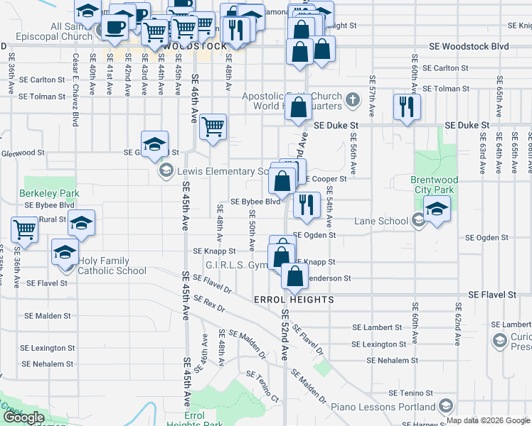 map of restaurants, bars, coffee shops, grocery stores, and more near 5024 Southeast Bybee Boulevard in Portland