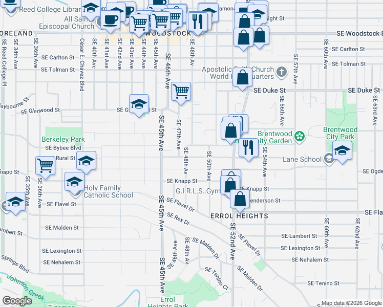 map of restaurants, bars, coffee shops, grocery stores, and more near 4848 Southeast Bybee Boulevard in Portland