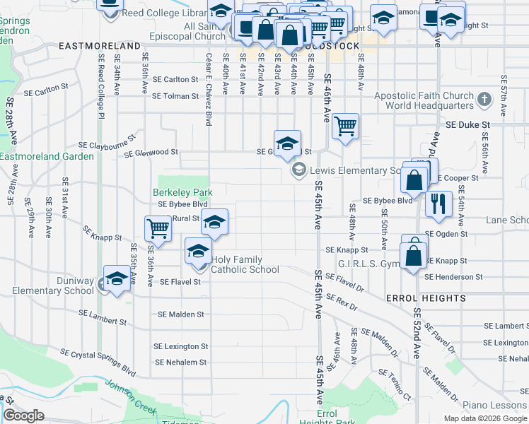 map of restaurants, bars, coffee shops, grocery stores, and more near 4216 Southeast Bybee Boulevard in Portland