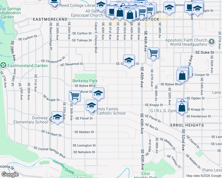map of restaurants, bars, coffee shops, grocery stores, and more near 4132 Southeast Bybee Boulevard in Portland