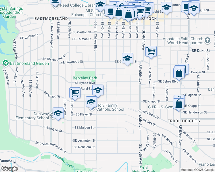 map of restaurants, bars, coffee shops, grocery stores, and more near 4132 Southeast Bybee Boulevard in Portland