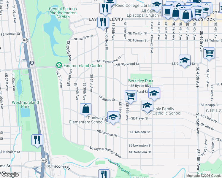 map of restaurants, bars, coffee shops, grocery stores, and more near 7104 Southeast 34th Avenue in Portland