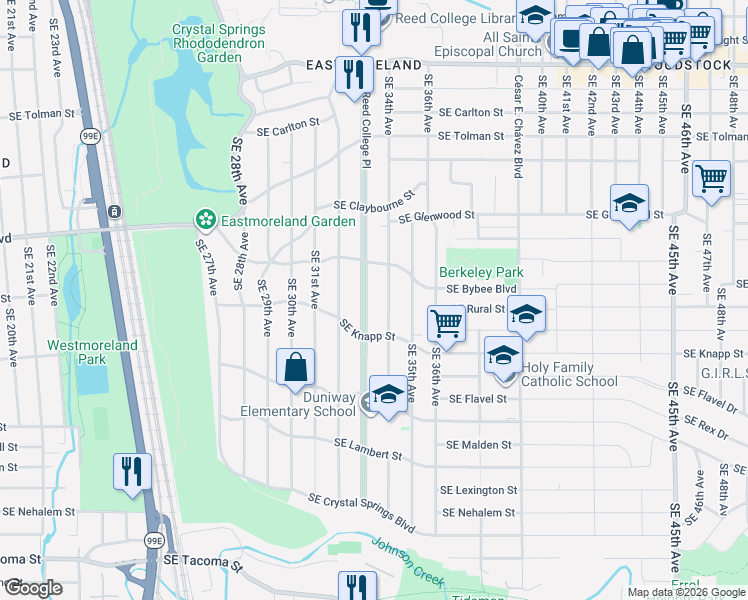 map of restaurants, bars, coffee shops, grocery stores, and more near 7111 Southeast Reed College Place in Portland