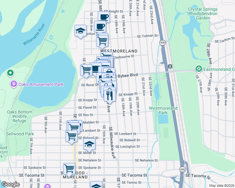 map of restaurants, bars, coffee shops, grocery stores, and more near 7212 Southeast 17th Avenue in Portland