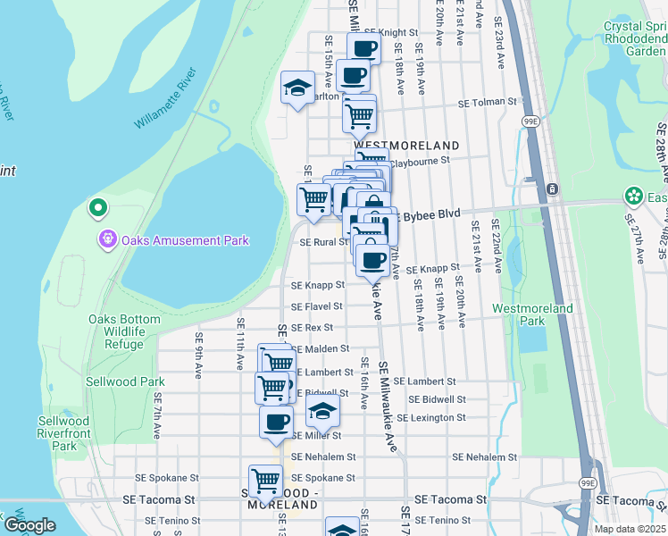 map of restaurants, bars, coffee shops, grocery stores, and more near 1513 Southeast Ogden Street in Portland