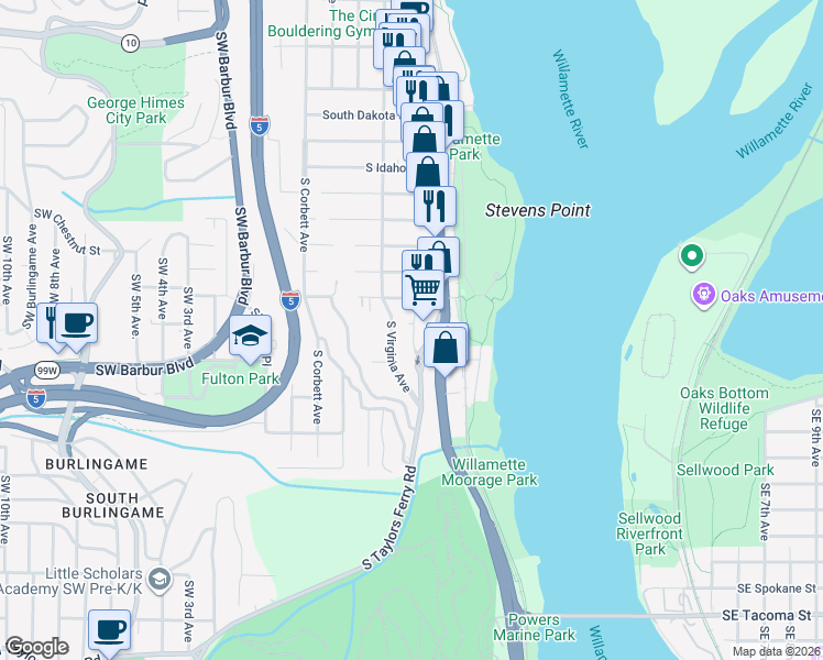 map of restaurants, bars, coffee shops, grocery stores, and more near 606 South Nevada Street in Portland