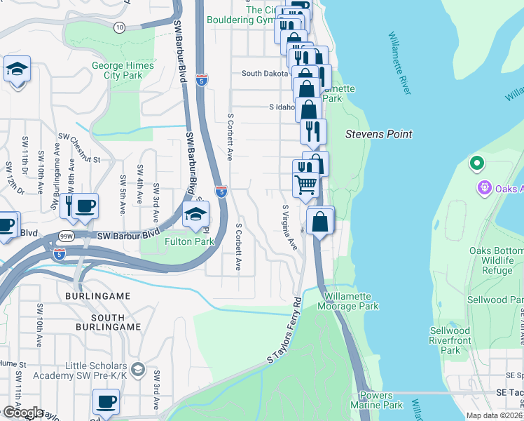 map of restaurants, bars, coffee shops, grocery stores, and more near 0414 Southwest Nevada Street in Portland