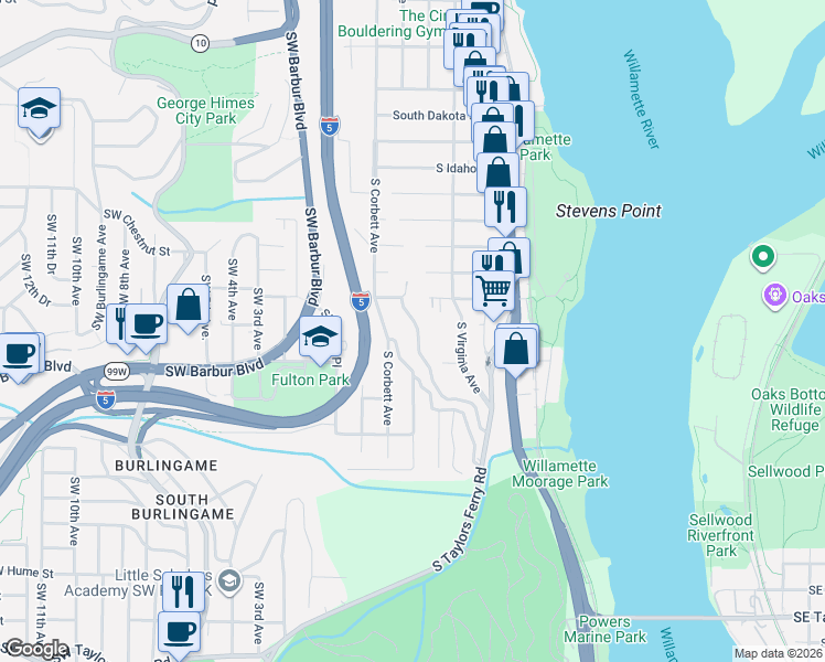 map of restaurants, bars, coffee shops, grocery stores, and more near 7175 South Laview Drive in Portland