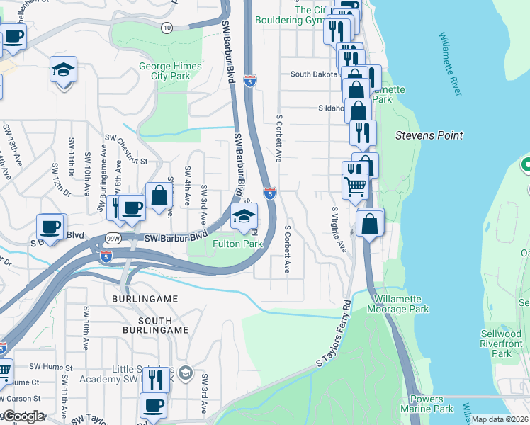 map of restaurants, bars, coffee shops, grocery stores, and more near 7200 Southwest Brier Place in Portland