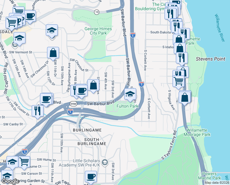 map of restaurants, bars, coffee shops, grocery stores, and more near 7145 Southwest 2nd Avenue in Portland