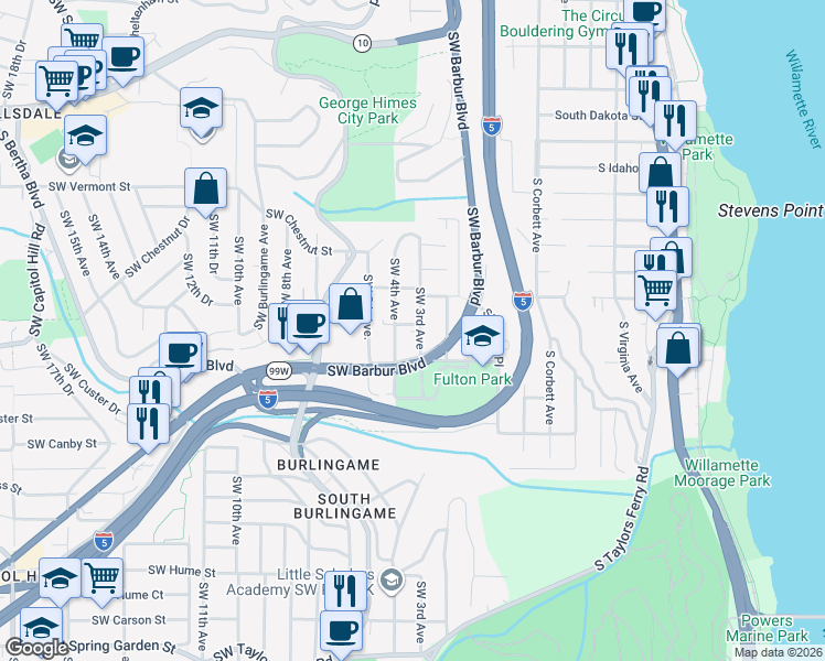 map of restaurants, bars, coffee shops, grocery stores, and more near 315 Southwest Nevada Court in Portland