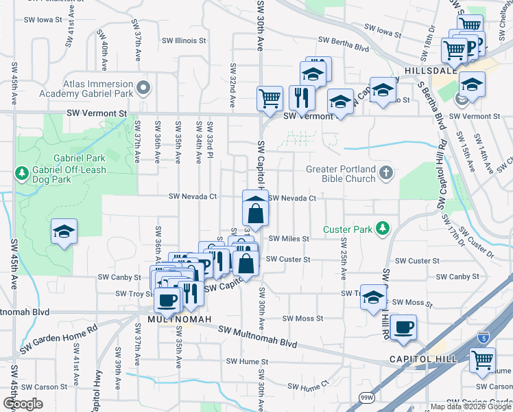 map of restaurants, bars, coffee shops, grocery stores, and more near 2935 Southwest Nevada Court in Portland