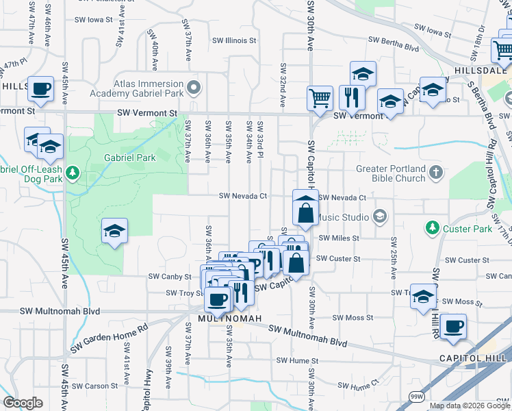 map of restaurants, bars, coffee shops, grocery stores, and more near 7207 Southwest 33rd Avenue in Portland