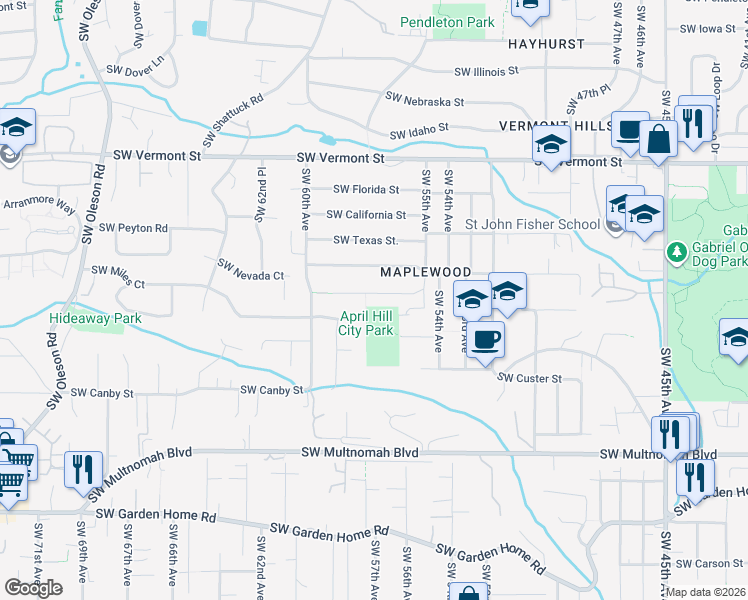map of restaurants, bars, coffee shops, grocery stores, and more near 5727 Southwest Miles Court in Portland