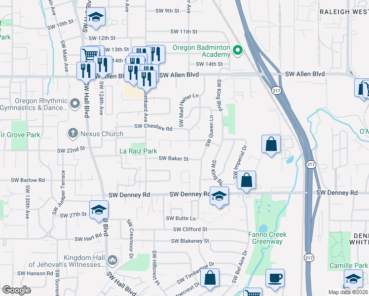 map of restaurants, bars, coffee shops, grocery stores, and more near 11730 Southwest Bruce Drive in Beaverton