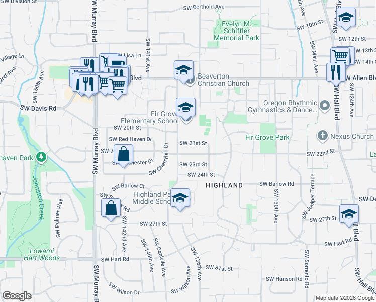 map of restaurants, bars, coffee shops, grocery stores, and more near 13770 Southwest 21st Street in Beaverton
