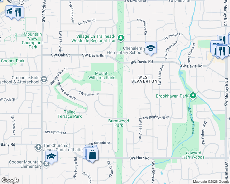 map of restaurants, bars, coffee shops, grocery stores, and more near 6550 Southwest 160th Avenue in Beaverton