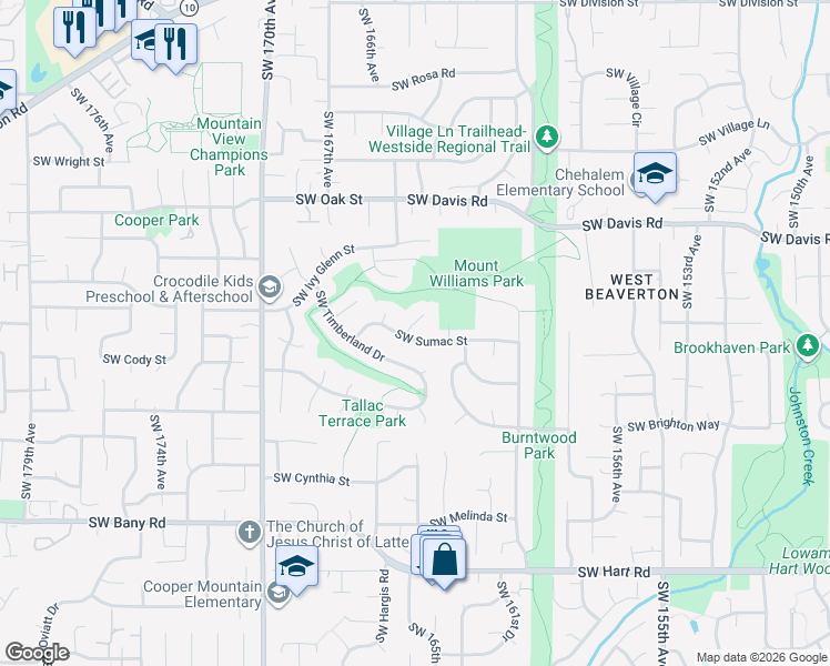 map of restaurants, bars, coffee shops, grocery stores, and more near 16400 Southwest Newport Place in Beaverton