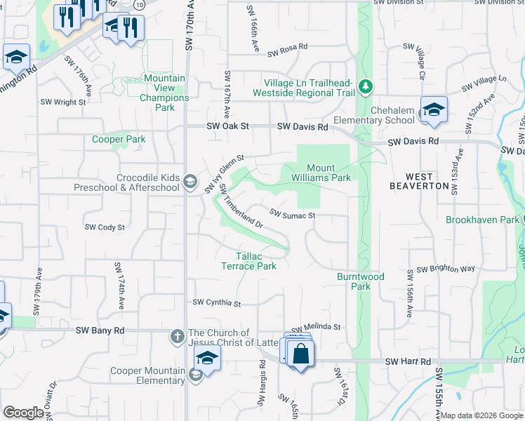 map of restaurants, bars, coffee shops, grocery stores, and more near 4510 Southwest Ecola Place in Beaverton