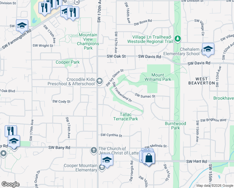 map of restaurants, bars, coffee shops, grocery stores, and more near 16700 Southwest Heceta Court in Beaverton