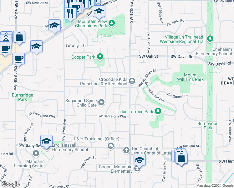 map of restaurants, bars, coffee shops, grocery stores, and more near 17096 Southwest Ivy Glenn Street in Beaverton