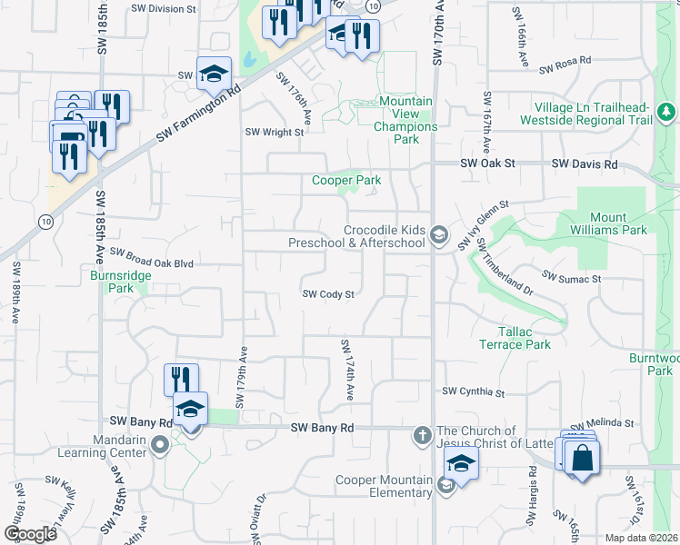 map of restaurants, bars, coffee shops, grocery stores, and more near 17390 Southwest Ivy Glenn Drive in Aloha