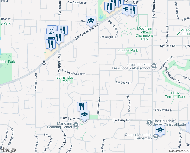 map of restaurants, bars, coffee shops, grocery stores, and more near 17991 Southwest Broad Oak Boulevard in Aloha